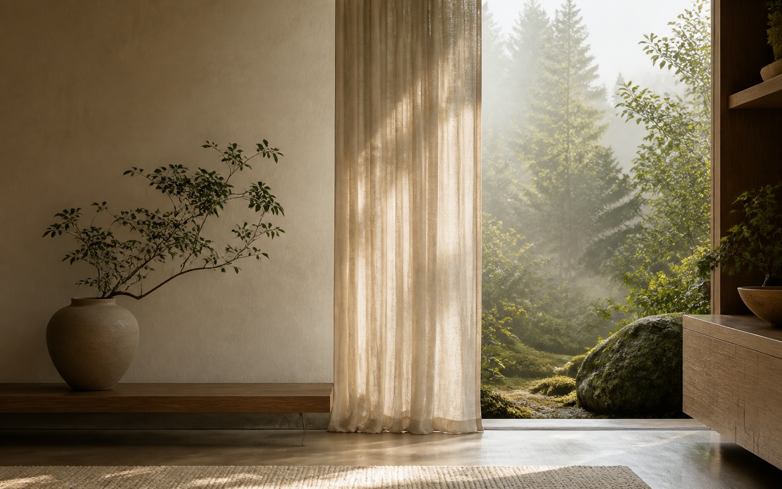 A peaceful, light-filled interior opening onto a mossy evergreen garden